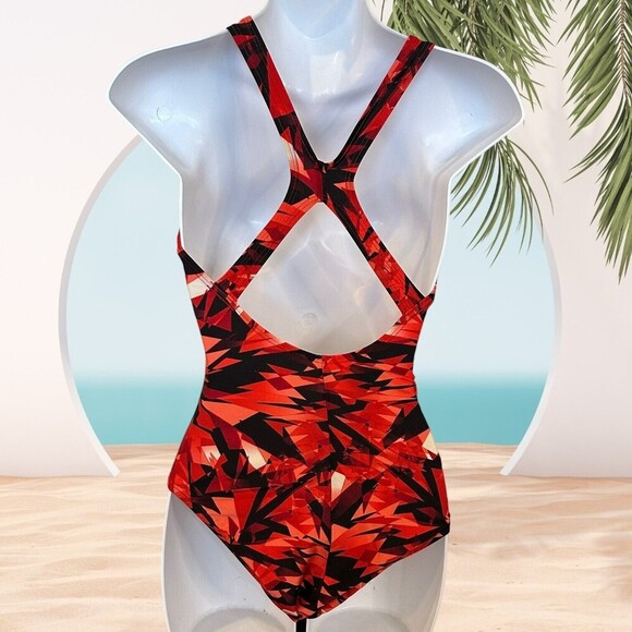 Speedo Red Swimsuit Racing Competitive Team 6 Geometric Racer Back - Picture 2 of 5